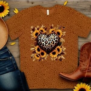Leopard Print Heart Sunflower Tee • Fall Boho Graphic Shirt • Western Country